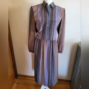 Vintage Collared Long Sleeve Shirt Dress Striped Herringbone Size XL 70s/80s